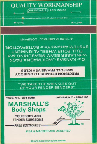 Matchbook Cover - Marshall's Body Shops Latham NY 40 Strike