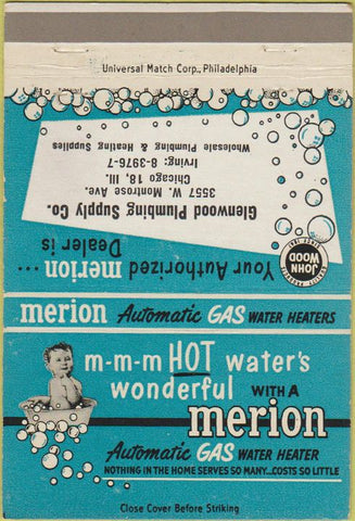 Matchbook Cover - Merion Water Heaters Plumbing Chicago IL 40 Strike