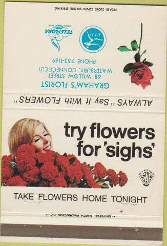 Matchbook Cover - FTD Flowers girlie Waterbury CT 40 Strike