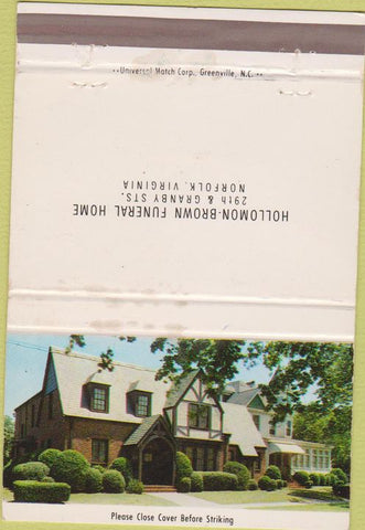 Matchbook Cover - Hollomon Brown Funeral Home Norfolk VA WORN 40 Strike