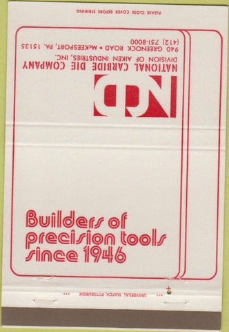 Matchbook Cover - National Carbide Die Co McKeesport PA 40 Strike
