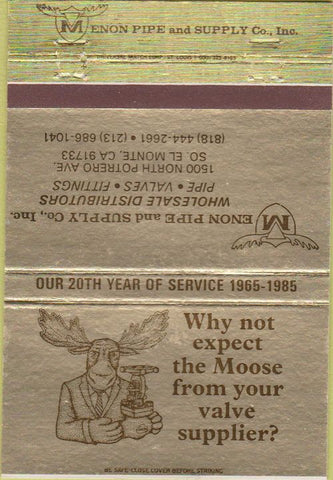 Matchbook Cover - Menon Pipe Supply El Monte CA moose valves 40 Strike