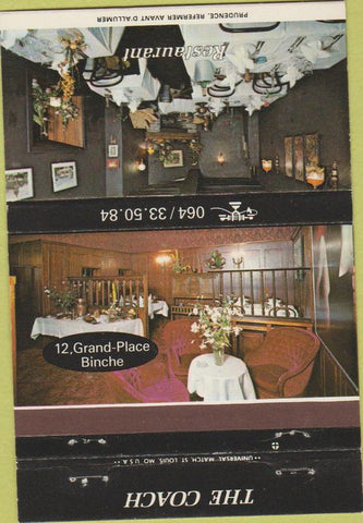 Matchbook Cover - The Coach RestaurantBelgium 40 Strike