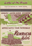 Matchbook Cover - Kenricia Hotel Kenora ON 40 Strike