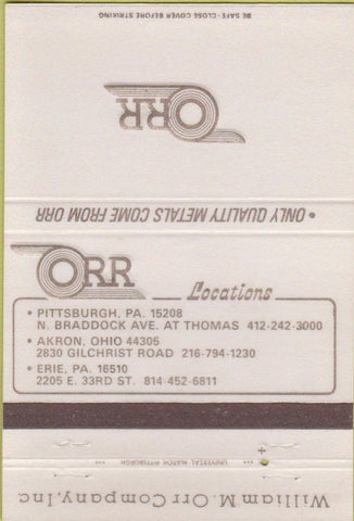 Matchbook Cover - Orr Quality Metals Erie PA Akron OH 40 Strike