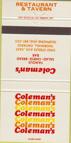 Matchbook Cover - Coleman's Restaurant Thornhill ON 30 Strike
