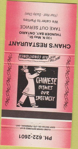 Matchbook Cover - Chan's Restaurant Thunder Bad ON 30 Strike