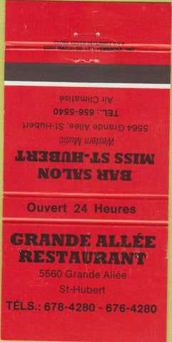 Matchbook Cover - Grande Allee Restaurant St Hubert QC 30 Strike