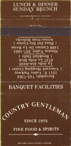 Matchbook Cover - Country Gentleman Restaurant Escondido CA 30 Strike