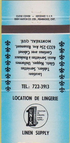 Matchbook Cover - Location De Lingerie Linen Supply Montreal QC 30 Strike
