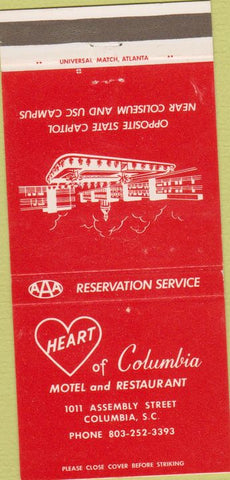 Matchbook Cover - Heart of Columbia Motel Restaurant SC 30 Strike