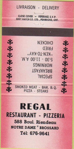 Matchbook Cover - Regal Restaurant Pizza Brossard Montreal QC 30 Strike
