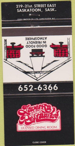 Matchbook Cover - Taverna Italian Restaurant Saskatoon SK 30 Strike