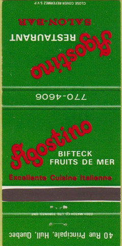Matchbook Cover - Agostino Restaurant Saloon Bar Hull QC 30 Strike