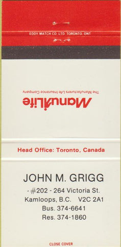 Matchbook Cover - Manu Life Insurance Kamloops BC 30 Strike