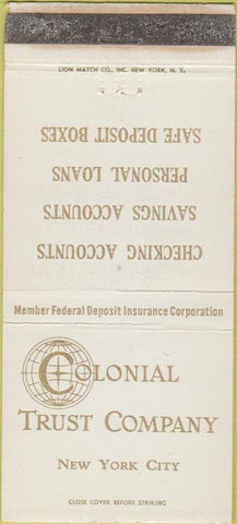 Matchbook Cover - Colonial Trust Co New York City WEAR 30 Strike