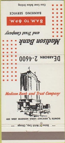 Matchbook Cover - Madison Bank Trust Chicago IL 30 Strike