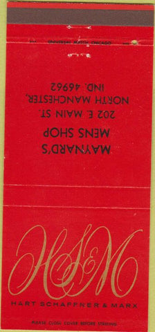 Matchbook Cover - Hart Schaffner Marx suits North Manchester IN 30 Strike