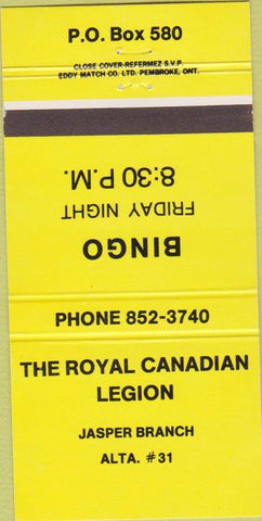 Matchbook Cover - Royal Canadian Legion Jasper AB Bingo 30 Strike