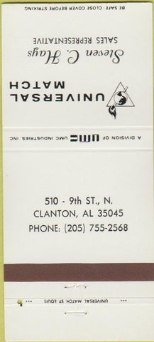 Matchbook Cover - Universal Match Steven Hays Clanton AL 30 Strike