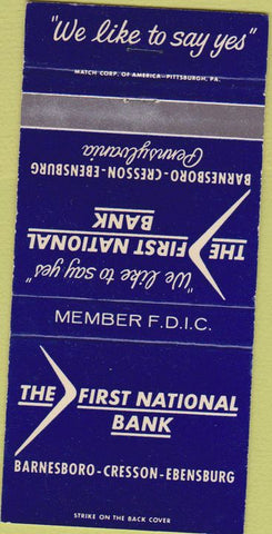 Matchbook Cover - First National Bank Barnesboro Cresson Edensburg PA 30 Strike