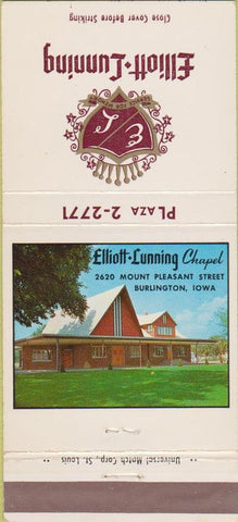 Matchbook Cover - Elliott Lunning Funeral Hope Burlington IA 30 Strike