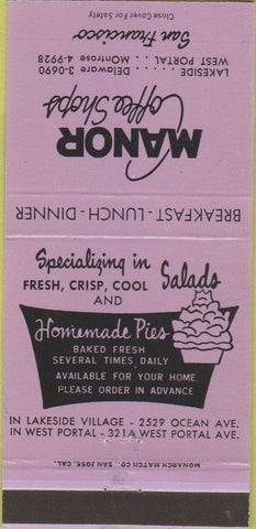 Matchbook Cover - Manor Coffee Shops San Francisco CA 30 Strike