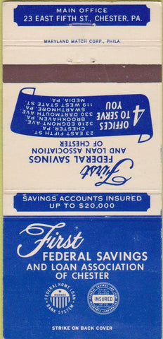 Matchbook Cover - First Federal Savings Chester PA 30 Strike