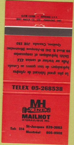 Matchbook Cover - Mailhot Hydralic St Jacques Montreal QC 30 Strike