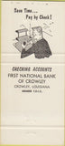 Matchbook Cover - First National Bank Crowley LA 30 Strike