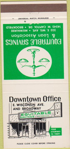 Matchbook Cover - Equitable Savings Loan Brookfield Milwaukee WI 30 Strike