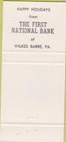Matchbook Cover - First National Bank Wilkes Barre PA 30 Strike