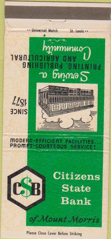 Matchbook Cover - Citizens State Bank Mount Morris IL 30 Strike