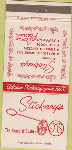 Matchbook Cover - Stickney's  BBQ San Mateo CA Palo Alto 30 Strike