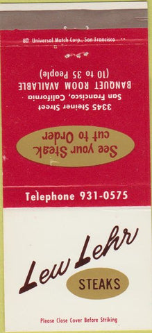 Matchbook Cover - Lew Lehr Steaks San Francisco CA 30 Strike