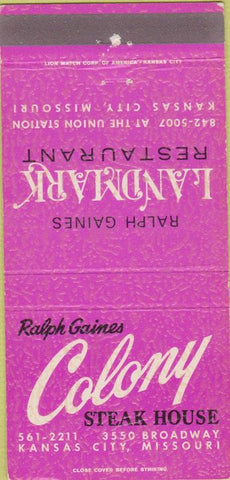 Matchbook Cover - Colony Steak House Landmark Kansas City MO 30 Strike