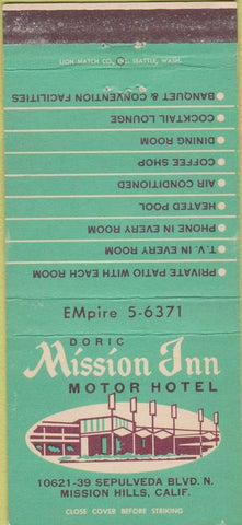 Matchbook Cover - Doric Mission Inn Mission Hills CA WEAR 30 Strike