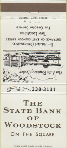 Matchbook Cover - State Bank of Woodstock IL 30 Strike