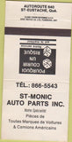 Matchbook Cover - St Monic Auto Parts St Eustache QC 30 Strike
