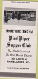 Matchbook Cover - Pied Piper Supper Club Rhinelander WI 30 Strike
