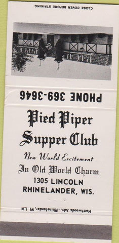 Matchbook Cover - Pied Piper Supper Club Rhinelander WI 30 Strike