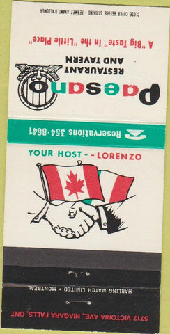 Matchbook Cover - Paesano Restaurant Tavern Niagara Falls ON 30 Strike