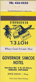 Matchbook Cover - Governor Simcoe Hotel Simcoe ON 30 Strike