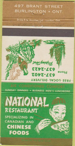 Matchbook Cover - National Restaurant Chinese Food Burlington ON 30 Strike