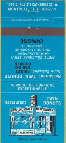 Matchbook Cover - Twin Donuts Restaurant Montreal QC 30 Strike
