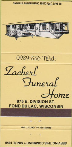 Matchbook Cover - Zacherl Funeral Home Fond Du Lac WI 30 Strike