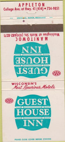 Matchbook Cover - Guest House Inn Manitowoc WI Appleton WEAR 30 Strike