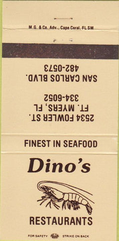 Matchbook Cover - Dino's Restaurants Fort Myers FL 30 Strike