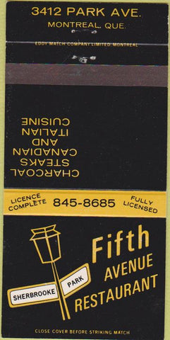Matchbook Cover - Fifth Avenue Restaurant Montreal QC 30 Strike