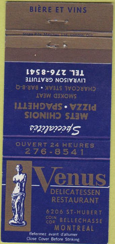Matchbook Cover - Venus Deli Restaurant Montreal QC 30 Strike